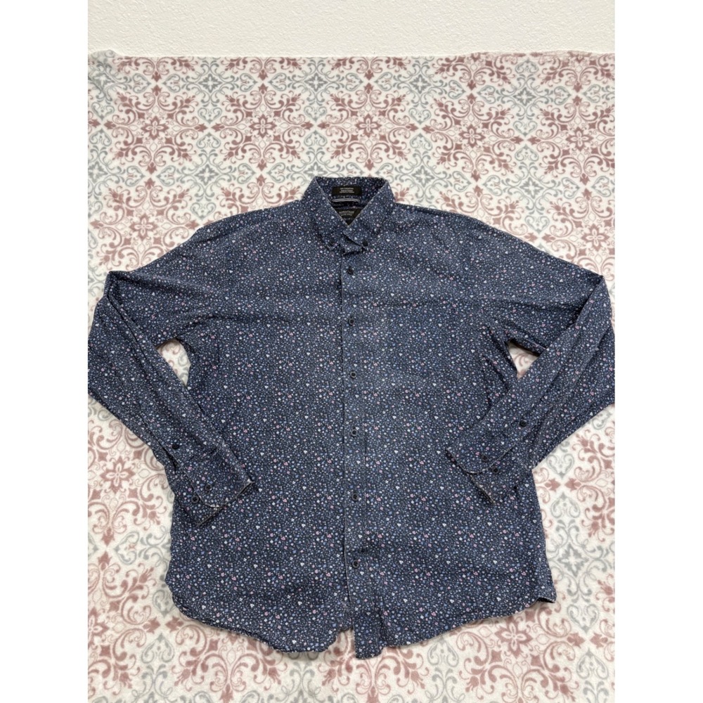Nordstrom Men's Shop Trim Fit Floral Button Down Shirt Navy Blue Cotton Large